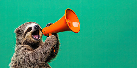 A playful sloth enthusiastically yelling into a bright green megaphone, set against a bold yellow backdrop.