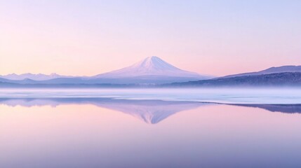 Obraz premium A Serene Reflection of Mount Fuji with a Misty Lake and Pale Sky