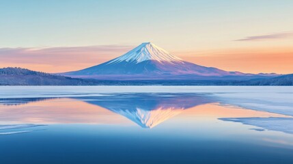 Snow-capped Mount Fuji Reflected in a Frozen Lake at Sunrise