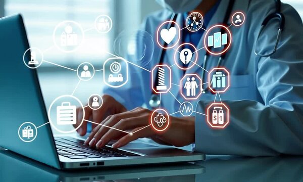 Doctor using laptop with digital healthcare icons.

