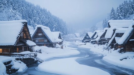 Naklejka premium Snow-Covered Traditional Houses and a Winding River in a Japanese Village