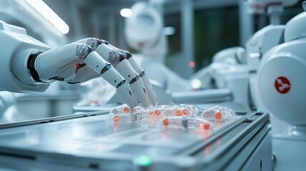 Robotic Arm Manufacturing Process Automation with Pills in Blister Pack