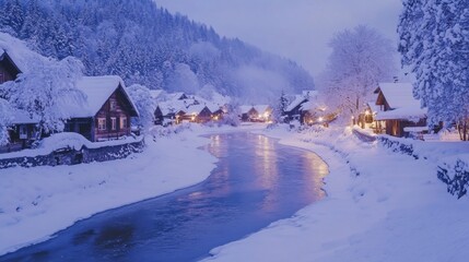 Snowy Village with Illuminated Cottages and a Winding River