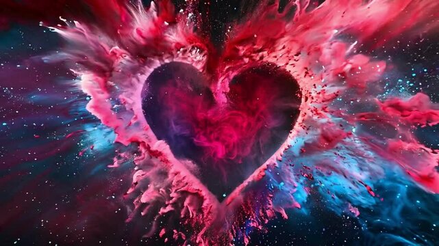 a heart shape amidst an explosion of vibrant red, pink, and blue colors, creating a dynamic and visually striking effect