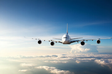 A large passenger plane flying above the clouds.