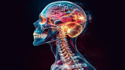 Human skull and brain anatomy illustration, vibrant colors. Medical and scientific study concept