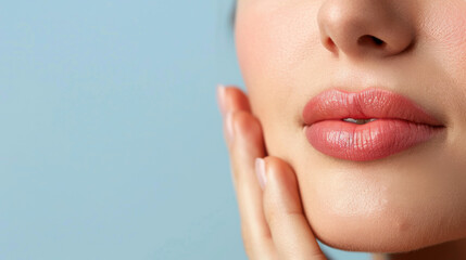 Obraz premium A close-up shot of a woman's lips and hand gently touching her face, emphasizing beauty and skincare.