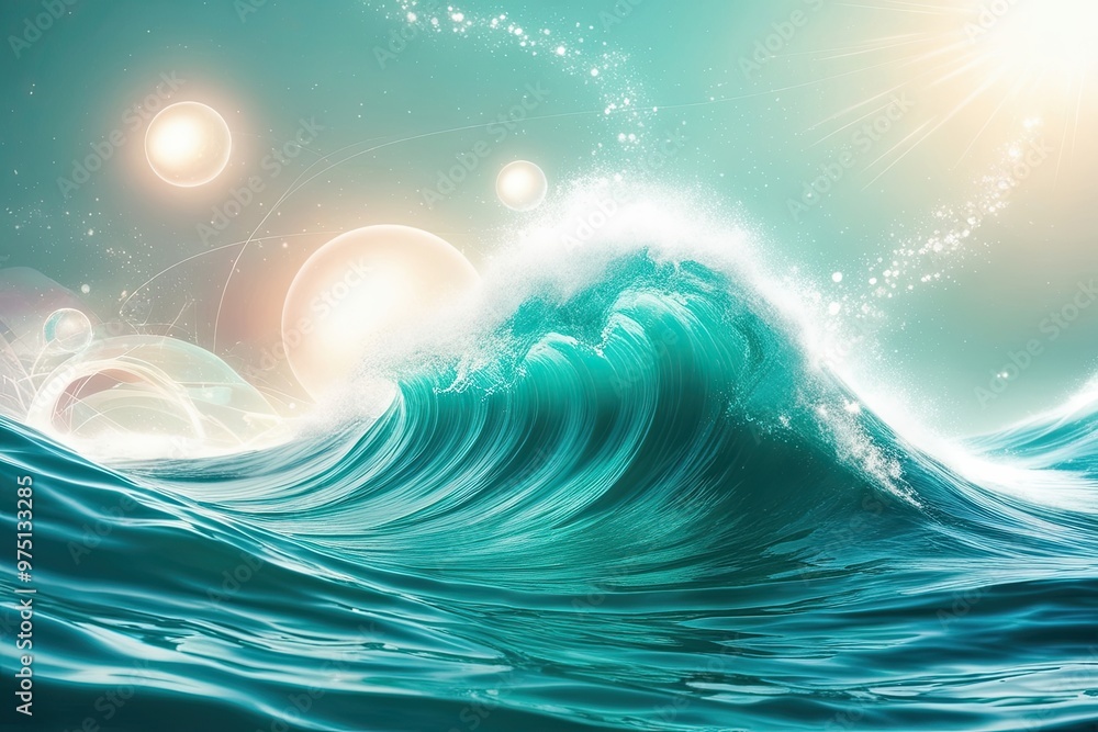 Poster luminous teal waves with celestial orbs and abstract shimmering background