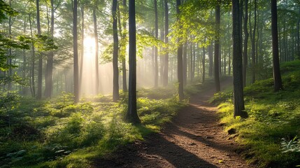 Obraz premium Walking path in Ziegeroda Forest, Saxony-Anhalt, Germany, Europe, as the sun rises through the morning mist. Green beech forest in its natural state 
