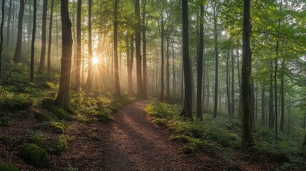 Fototapeta premium Walking path in Ziegeroda Forest, Saxony-Anhalt, Germany, Europe, as the sun rises through the morning mist. Green beech forest in its natural state 