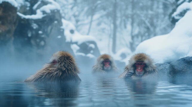 Three Snow Monkeys Relaxing in a Hot Spring