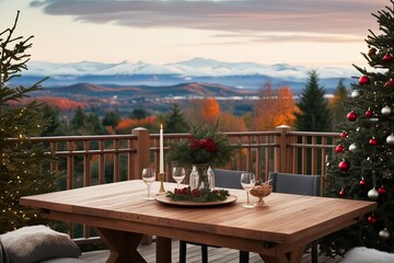 Stylish Wooden Table with Captivating Holiday Background