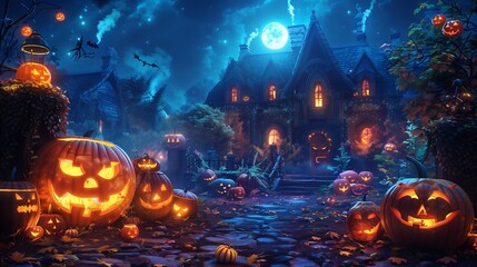 Naklejka premium Spooky Halloween scene with a haunted house, pumpkins, bats, and a full moon