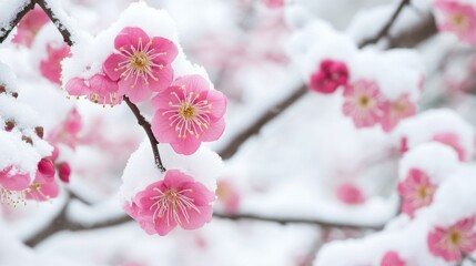 Pink Plum Blossoms Covered in Fresh Snow