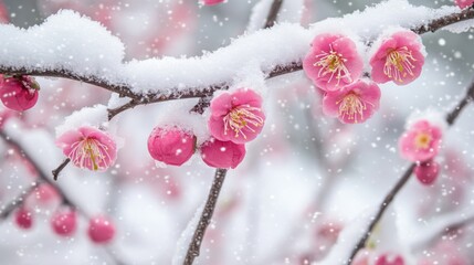 Pink Blossoms Covered in Snow During a Winter Snowfall