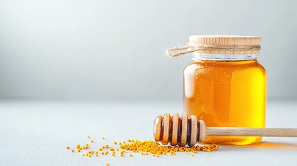   A jar of honey rests beside a wooden honey dipper, with the dipper protruding from the jar
