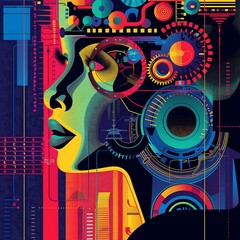 Abstract portrait of a woman with a digital brain and gears, colorful, futuristic illustration.