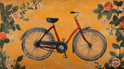 Fototapeta premium Oil Painting of a Red Bicycle with Floral Backdrop on Aged Wall. Shabby Chic Artistry.
