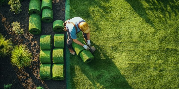 Aerial view of a worker installing artificial grass in a yard.