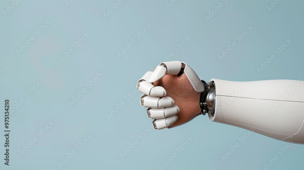 Poster a close-up of a white robotic hand in a fist gesture, representing advanced technology, artificial i