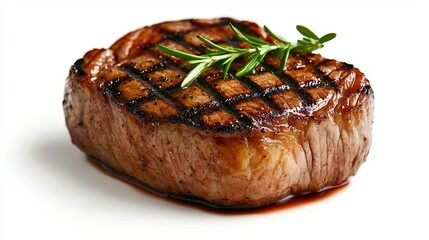   A perfectly grilled steak topped with fragrant rosemary, served on a pristine white plate with a luscious sauce