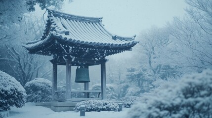 Fototapeta premium Snow-Covered Pagoda with Bell Hanging in a Snowy Landscape