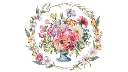 Obraz premium Hand drawn watercolor bouquet with place for your text. Design for card, invitation. Floral arrangement with circle frame. Wreath with flowers