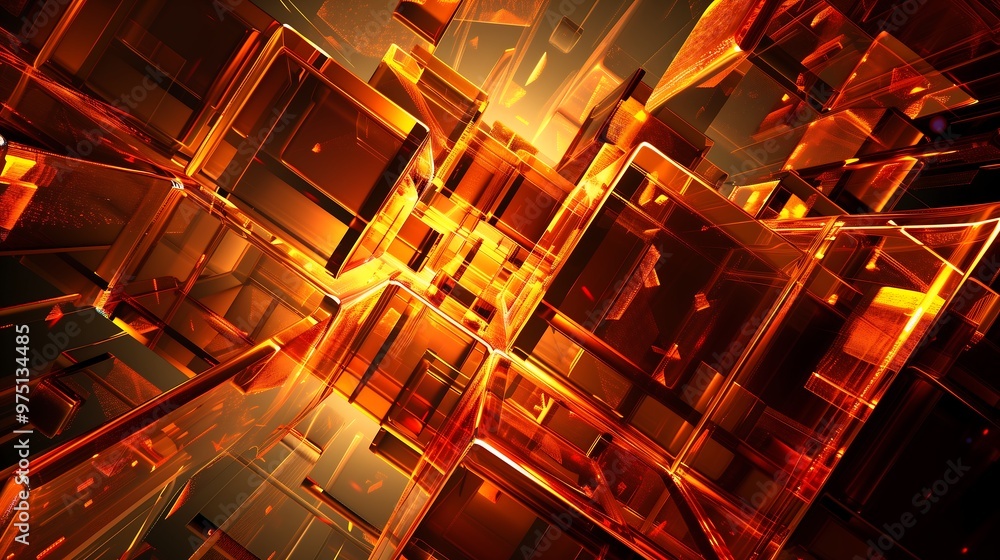 Poster abstract glowing orange and red geometric background with cubes, 3d render.