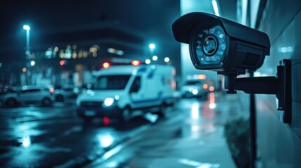 Night City Surveillance Camera with Emergency  Ambulance and Police Car in Background