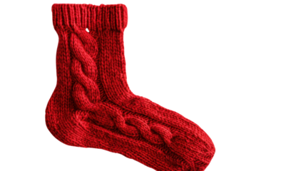 A cozy red knitted sock on transparent background