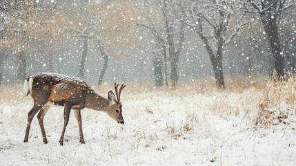 Fototapeta premium A lone deer walks through a snowy forest during a snowfall