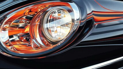 Close-up of a sleek car headlight showcasing intricate design elements and vibrant reflections in urban scenery