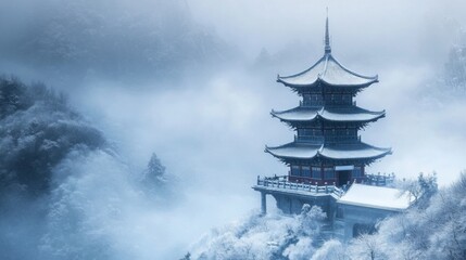 Pagoda in Snowy Mountain Landscape with Fog