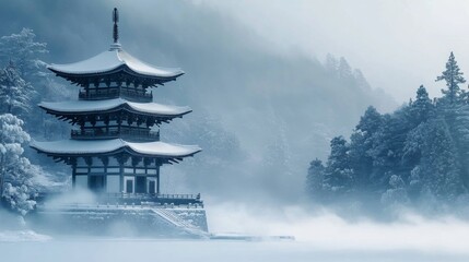 A Snow-Covered Pagoda in a Misty Forest Landscape