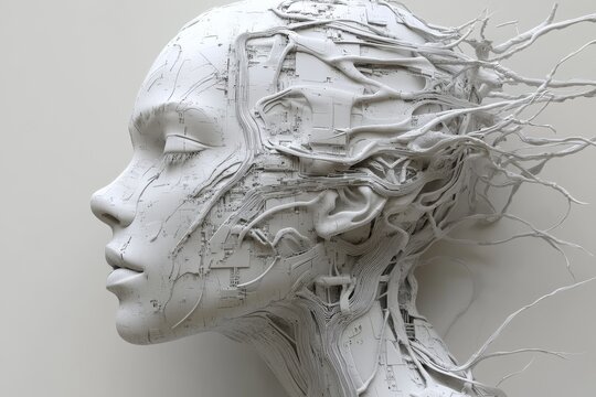 Neural interface brain simulation microcircuit engram mapping and nanoelectronics abstract humanoid with wire like extensions merging into a digital network