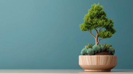 A small bonsai tree placed in a round wooden pot on a table, representing nature, tranquility, and minimalistic decor.