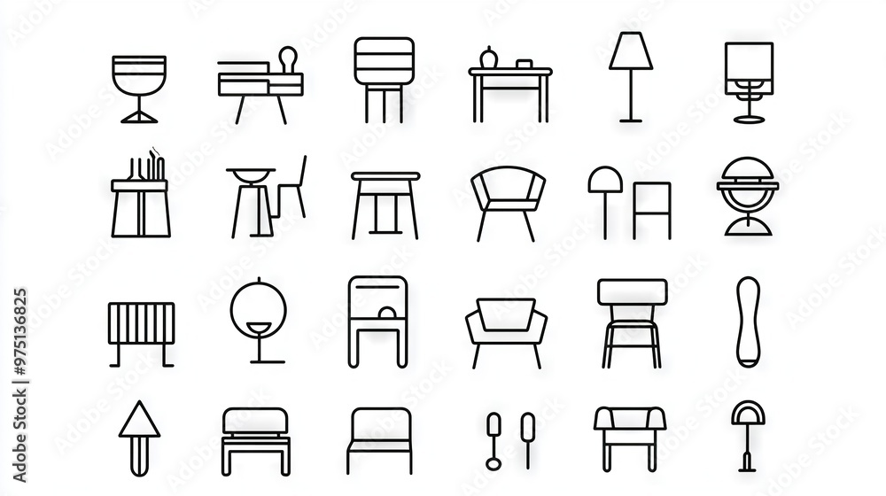 Canvas Prints   A group of chairs and tables is depicted with thin lines on a white background