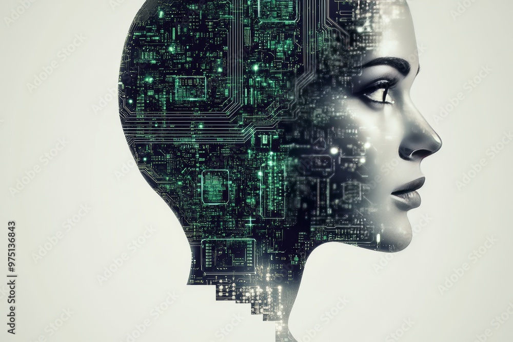 Poster Brainwave analysis molecular electronics neurotrophic signal neurocomputation and cognitive augmentation robotic woman with dark cybernetic elements embedded into her profile