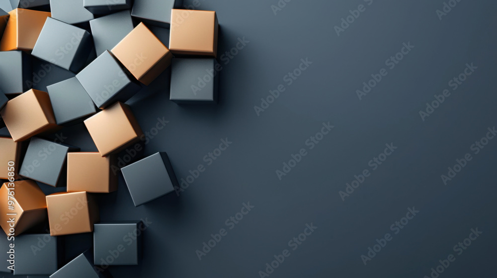 Poster A cluster of gold and grey cubes scattered on a dark surface, symbolizing modern design and abstract concepts.
