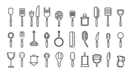   A line of kitchen utensils, including knives, spoons, spatulas, and whisks, are illustrated on a white backdrop