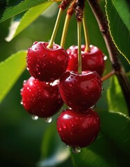 Juicy red cherries on a branch