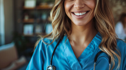 A beautiful happy doctor in a medical uniform