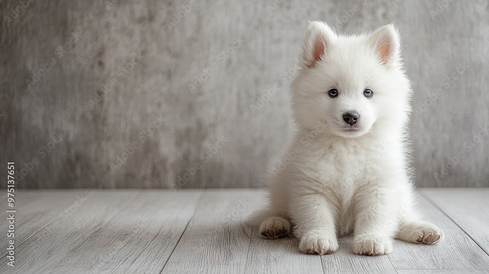 Sticker   A small white dog sits on a wooden floor in front of a concrete wall, facing the camera