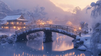 Obraz premium Snow-Covered Bridge and House in a Wintery Forest
