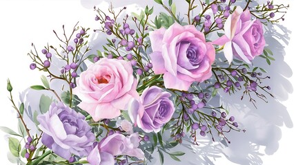 Card tempate with watercolor pink, purple roses and elderberry branches, hand painted on a white background, birthday card design, decoration postcard, wedding invitation