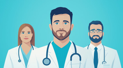 Fototapeta premium Three doctors, a woman and two men, in lab coats with stethoscopes, looking at the camera.