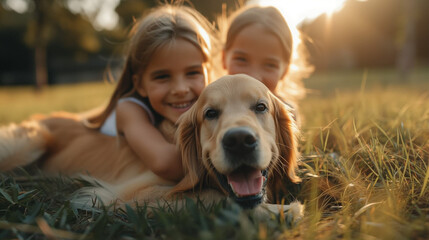 happy family with dog playing
