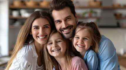 Fototapeta premium A cheerful family of four, including parents and two daughters, smiling together indoors, capturing warmth, happiness, and family bonding.