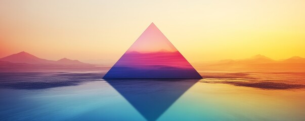 a surreal pyramid floating on a tranquil sea at sunset, vibrant colors. abstract art and tranquility concept