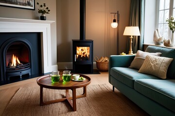 Cozy Green Tea and Fireplace Serenity in a Stylish Winter Living Room